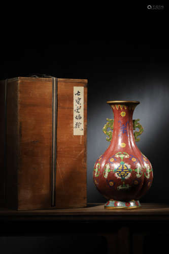 A BRONZE CLOISONNé ENAMEL FLOWER DRAGON EARS VASE