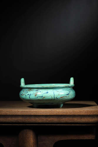 A TURQUOISE-GLAZED TRIPODS CENSER, QIANLONG MARK