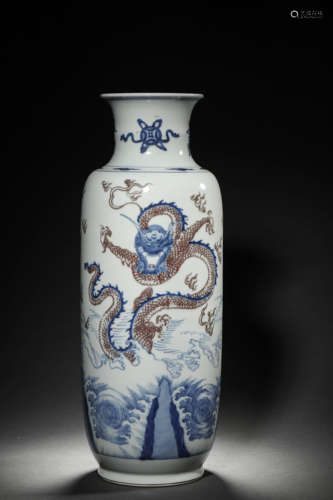 A BLUE AND WHITE UNDERGLAZE RED DRAGON SEA WAVES VASE, CHENG...