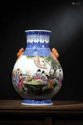 A BLUE AND WHITE FAMILLE ROSE FIGURE STORY BAT-EARS VASE, ZU...