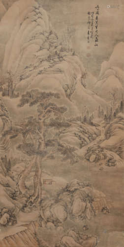 LANDSCAPE, INK AND COLOR ON PAPER, HANGING SCROLL, LI JINGU