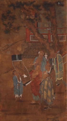 ARHATS, INK AND COLOR ON SILK, HANGING SCROLL, LIU SONGNIAN