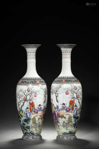 A PAIR OF FALANGCAI PAINTED ENAMEL FIGURE STORY VASES, QIANL...