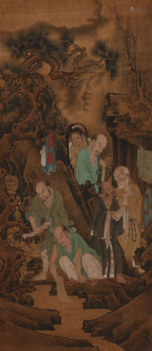 ARHATS, INK AND COLOR ON SILK, HANGING SCROLL, ANONYMOUS