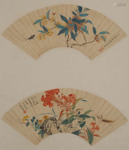 BIRDS AND FLOWER, FAN LEAF, INK AND COLOR ON PAPER, HANGING ...