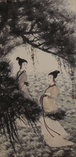 NOBLE LADIES, INK AND COLOR ON PAPER, HANGING SCROLL, FU BAO...