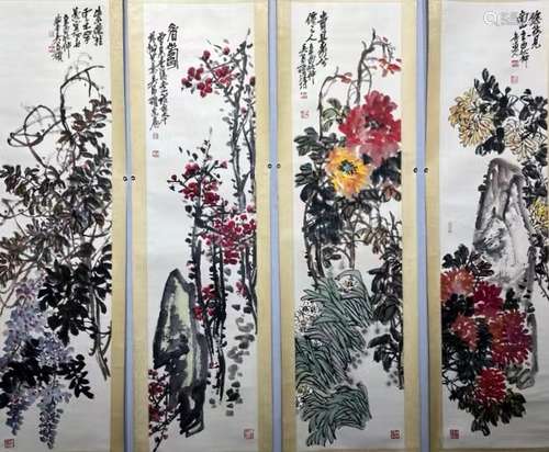 吴昌硕 花卉四屏 纸本 立轴