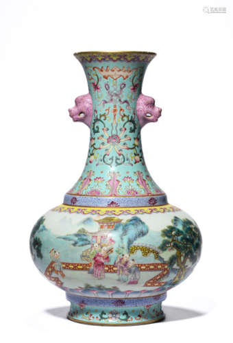 A Porcelain Turquoise-Ground Lion Vase