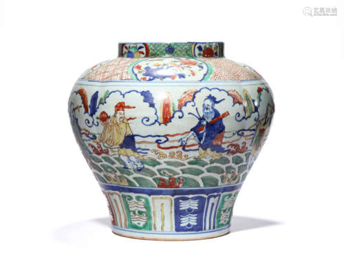 A Porcelain Wucai Eight Immortals Jar