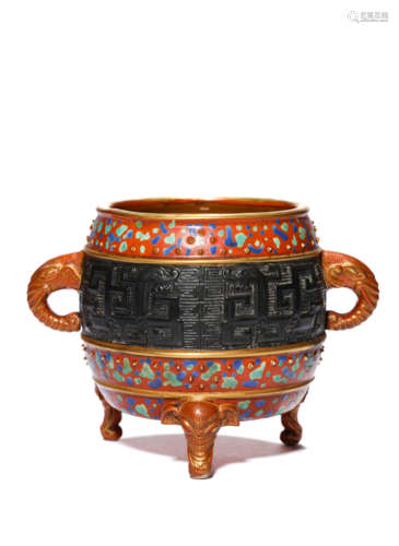 A Porcelain Red-Glazed Tripot Censer