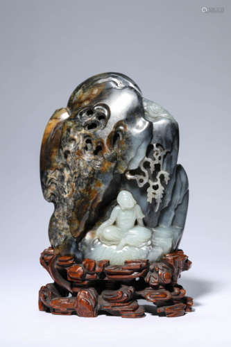 A Black and White Jade Luohan Sculpture