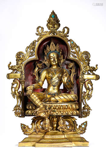 A Tibetan Gems Inlaid Green Guru Statue