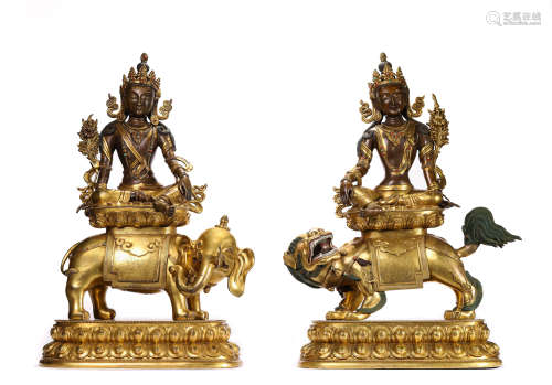 A Set of Gilt-Bronze Manjushri and Samantabhadra Statues