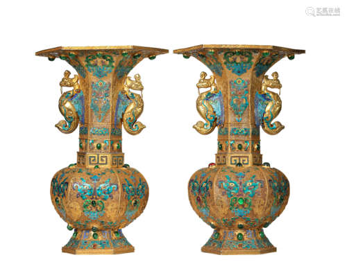 A Pair of Bronze Gems Inlaid Vases