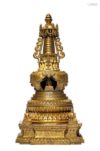 A Gilt-Bronze Buddha Stupa