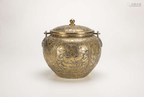 Tang Dynasty - A Magnif icent Gilt-Bronze Coverd Jar With Ha...