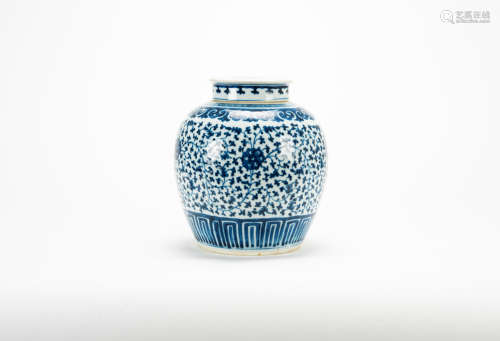 Qing Dynasty - A Blue And White ‘Floral Scroll’ Cover Jar