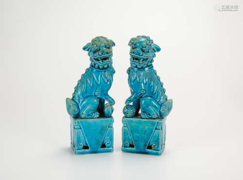 Guangxu - A Pair Of Teal Blue Lions Statues