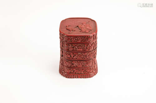 Qing - A Cinnabar Lacquer Carved ‘Buddha And Crane’ Four Lay...