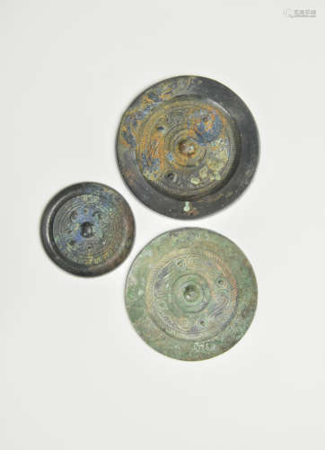 Han Dynasty-A Group Of Three Bronze Mirror With Four Side Eq...