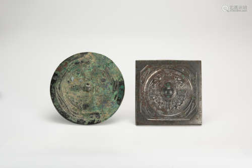 Six Dynasty-A Square Shape Bronze Mirror With Four Side Beas...