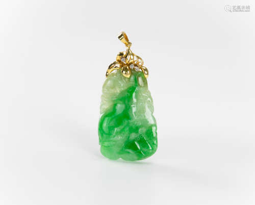 14K Gold And Diamond Mounted Green Jadeite Carved ‘Rabbit’ P...