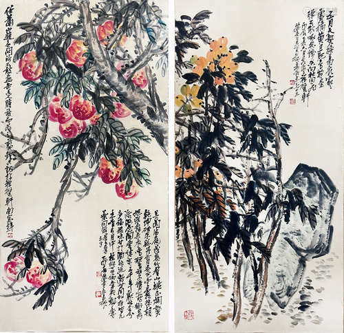 吴昌硕 花卉对屏 纸本设色屏风