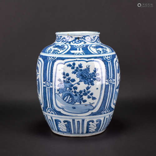 A CHINESE BLUE AND WHITE PORCELAIN 'FLOWER' JAR, MING DYNAST...