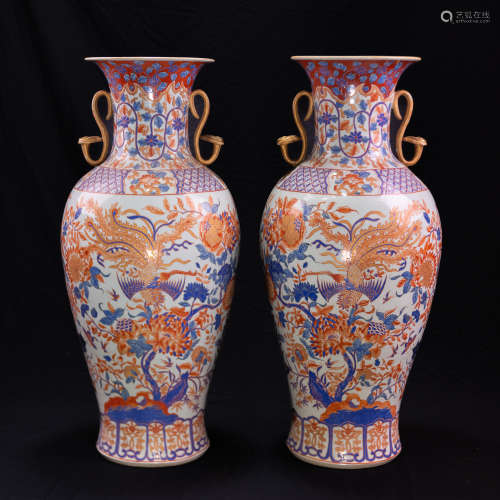 A PAIR OF CHINESE IRON RED AND BLUE AND WHITE PHOENIX FLOWER...
