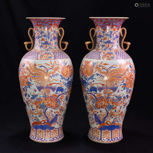 A PAIR OF CHINESE IRON RED AND BLUE AND WHITE PHOENIX FLOWER...