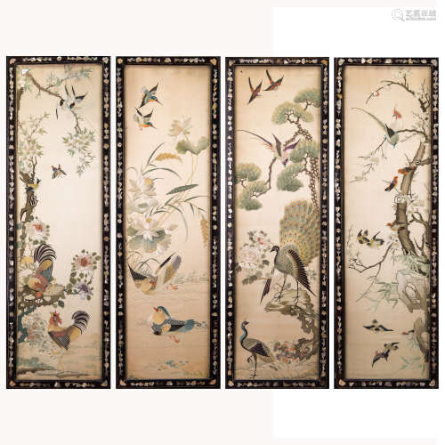 A GROUP OF 4 CHINESE FRAMED EMBROIDERED FLOWER AND BIRD PANE...