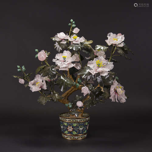 A HARDSTONE PEONY TREE IN CLOISONNE ENAMEL JARDINIERE