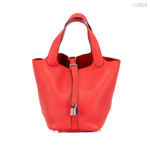 A HERMES PICOTIN 18 S5 ROUGE BAG WITH PLATINUM HARDWARE