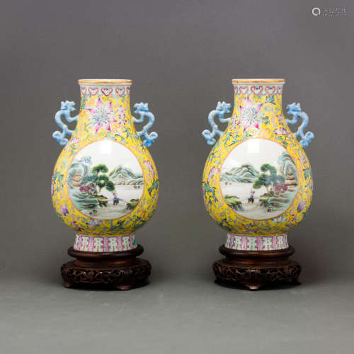 A PAIR OF FAMILLE ROSE YELLOW GROUND 'LANDSCAPE' VASE, REPUB...