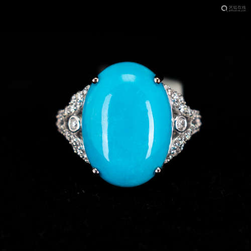 14K WHITE GOLD DIAMOND AND TURQUOISE RING WITH IAS CERTIFICA...