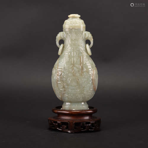 A CHINESE WHITE  JADE FLATTENED BALUSTER VASE AND COVER, QIN...