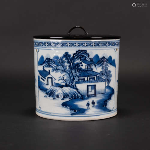 CHINESE BLUE AND WHITE 'LANDSCAPE' BRUSH POT WITH A WOOD LID