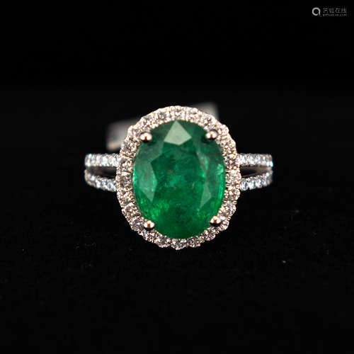 PLATINUM NATURAL EMERALD BERYL AND DIAMOND RING WITH GGA CER...