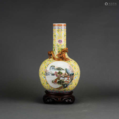 A CHINESE YELLOW-GROUND FAMILLE ROSE 'LANDSCAPE' VASE