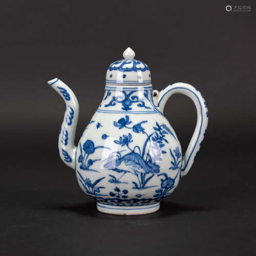 CHINESE BLUE AND WHITE 'FLOWER AND BIRD' TEA POT WITH 'JIA J...