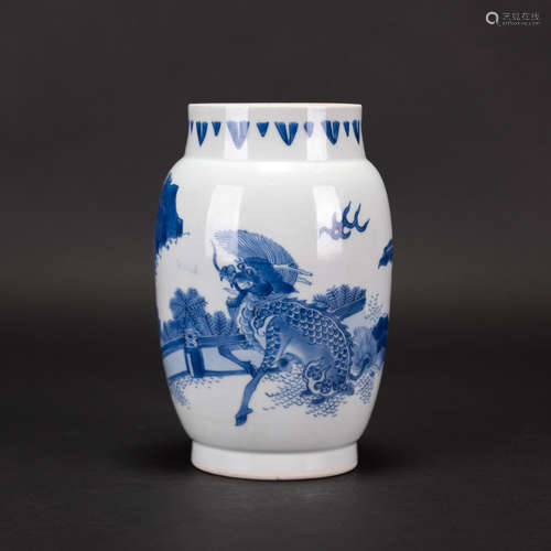 A CHINESE BLUE AND WHITE 'KIRIN' JAR