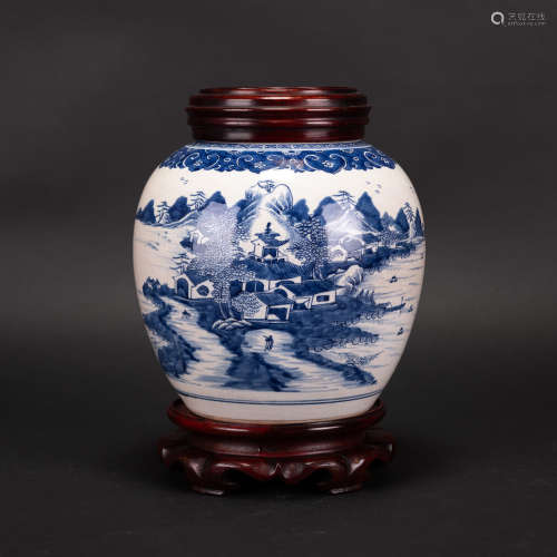 A BULE AND WHITE 'LANDSCAPE' JAR AND COVER WITH BASE