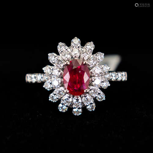PLATINUM OVAL RUBY AND DIAMOND RING, WITH GIA AND AIGL CERTI...