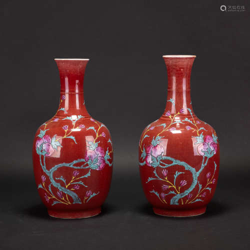 A PAIR OF CHINESE PORCELAIN RED GLAZED 'PEACH' VASE