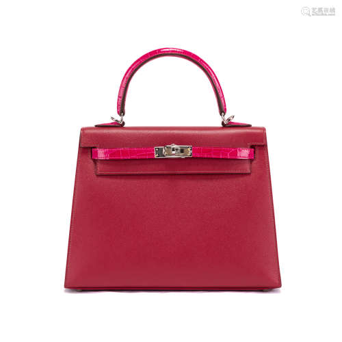 HERMES KELLY 25 IN RED EPSOM LEATHER WITH CROCODILE NILOTICU...
