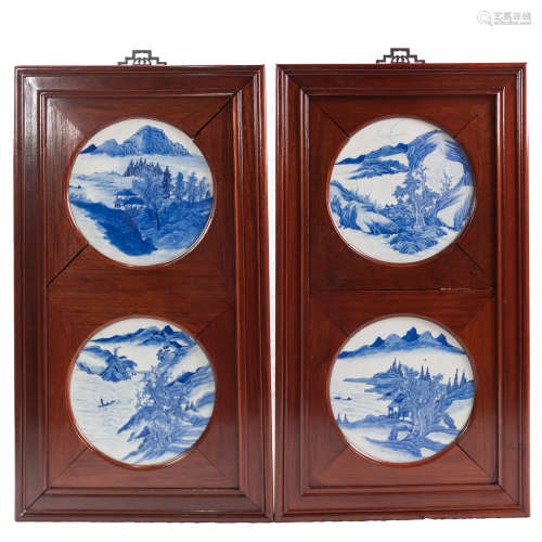 A PAIR OF FRAMED BLUE AND WHITE PORCELAIN PLAQUES, 18TH CENT...