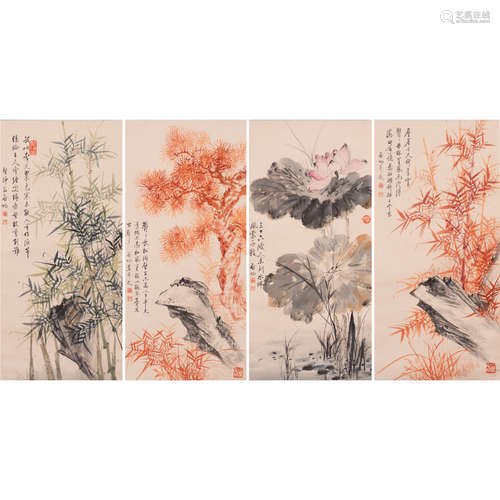 FOUR HANGING SCROLLS, BAMBOO AND LOTUS, ATTRIBUTED TO QI GON...