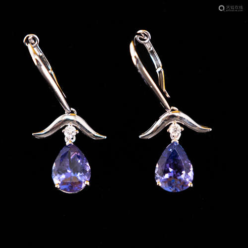 14K WHITE GOLD NATURAL TANZANITE ZOISITE AND DIAMOND EARRING...