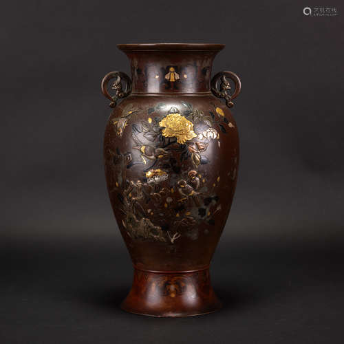 GOLD AND SILVER GILT INLAID' PHOENIX'  BRONZE VASE