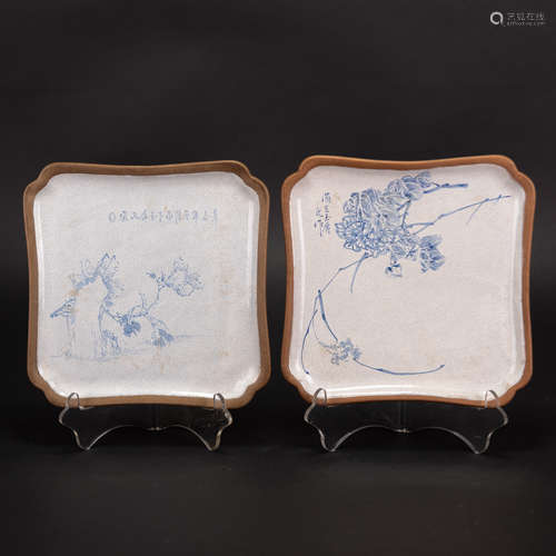 TWO PAINTED ZISHA SQUARE DISHES, TIEHUAXUAN MARK